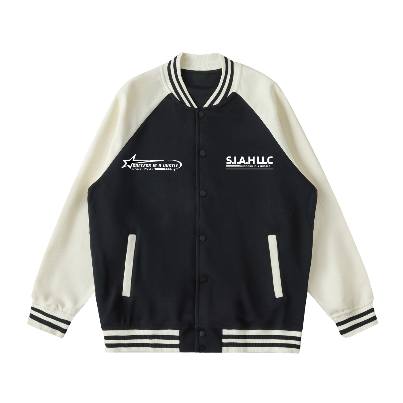 S.I.A.H “The Everyday Essential” X "Hustle Orbit" (White Edition) X "Lineage Code" X " Shockwave Standard" (White Edition) Two Tone Raglan Sleeve Varsity Jacket